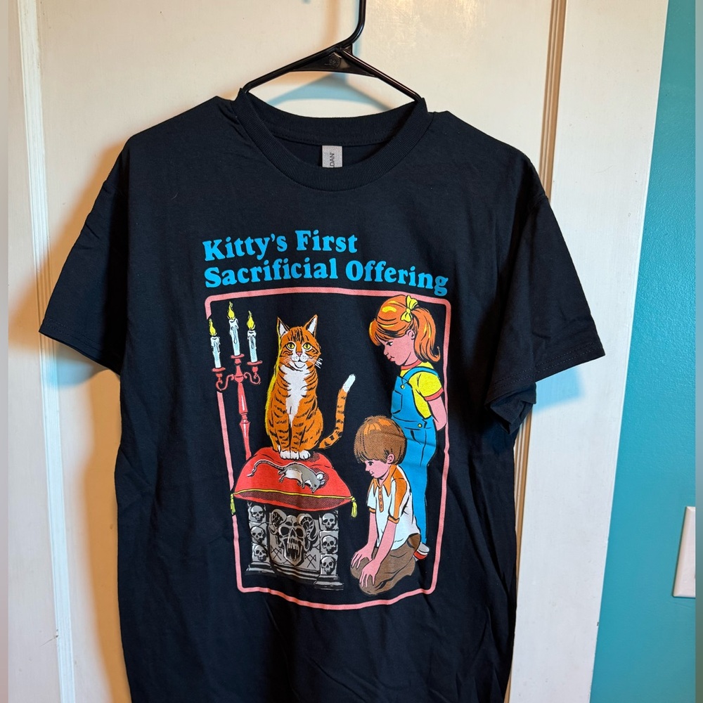 Gildan Kitty’s First Sacrifice Black T-Shirt with Blue Text